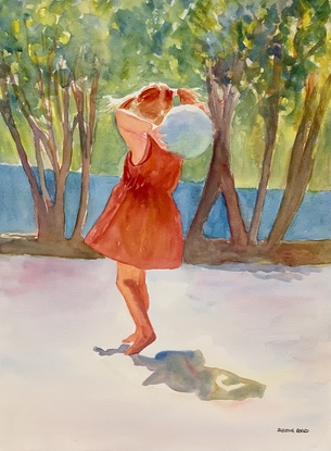 Girl plays with a ball in the sunshine.