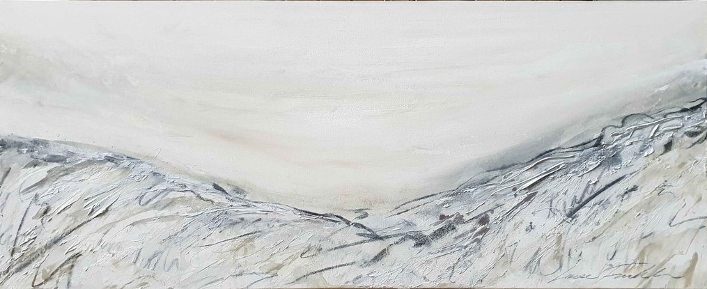 A large abstract landscape painting showing a mountain landscape in shades of cream, black and aqua. Inspired by the the grampian NAtional Park.