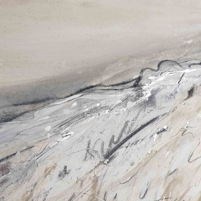 A large abstract landscape painting showing a mountain landscape in shades of cream, black and aqua. Inspired by the the grampian NAtional Park.