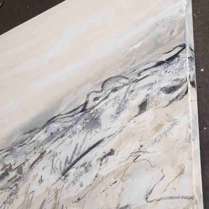 A large abstract landscape painting showing a mountain landscape in shades of cream, black and aqua. Inspired by the the grampian NAtional Park.