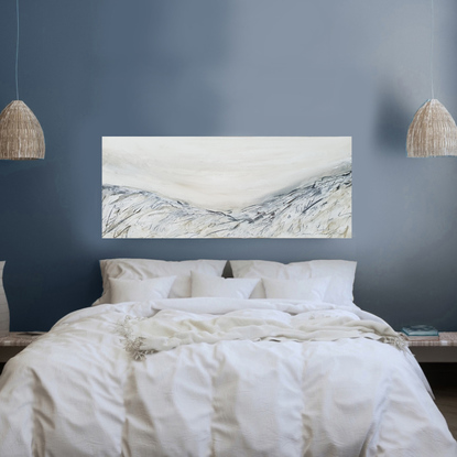 A large abstract landscape painting showing a mountain landscape in shades of cream, black and aqua. Inspired by the the grampian NAtional Park.