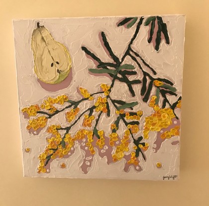 Still Life of Golden Wattle and Halved Pear