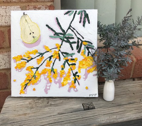 Still Life of Golden Wattle and Halved Pear