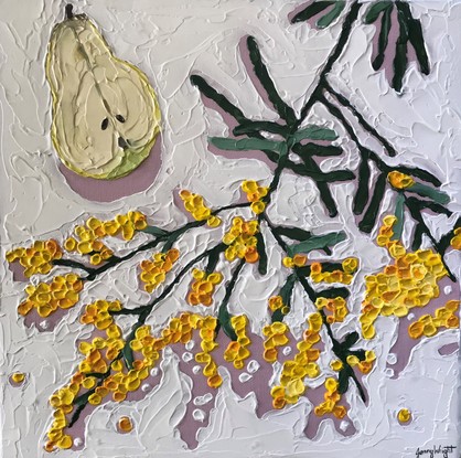 Still Life of Golden Wattle and Halved Pear