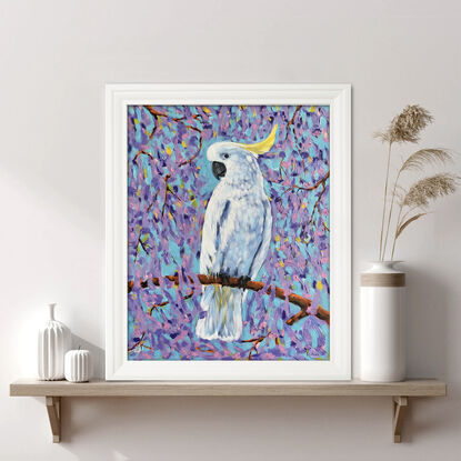 Sulfur crested cockatoo on a blossoming Jacaranda  tree. The original acrylic painting by Irina Redine. Framed and ready to hang original painting.