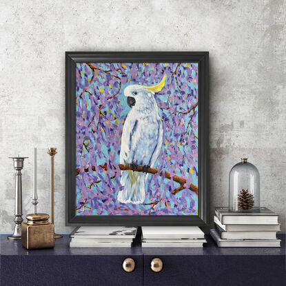 Sulfur crested cockatoo on a blossoming Jacaranda  tree. The original acrylic painting by Irina Redine. Framed and ready to hang original painting.