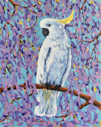 Sulfur crested cockatoo on a blossoming Jacaranda  tree. The original acrylic painting by Irina Redine. Framed and ready to hang original painting.