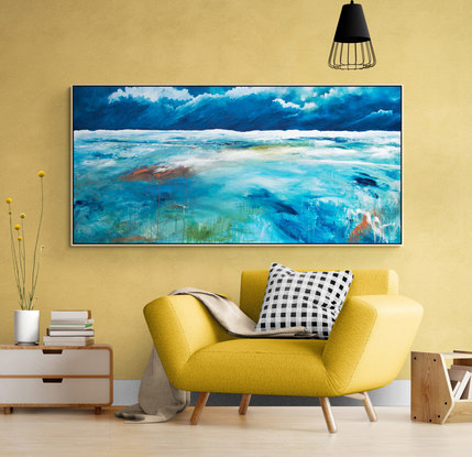 Stormy Abstract seascape in moody tones of yellow, blue and teal under  a dramatic cloudy sky.