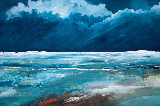 Stormy Abstract seascape in moody tones of yellow, blue and teal under  a dramatic cloudy sky.