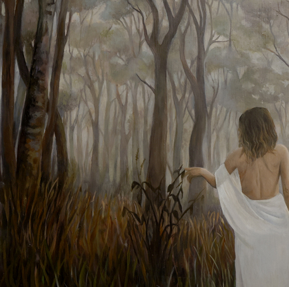 Beautiful women walking in the misty Australian bush