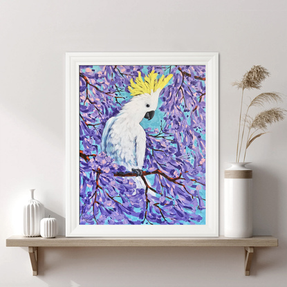 Sulfur-crested cockatoo on a blossoming Jacaranda  tree. The original acrylic painting by Irina Redine. Framed and ready to hang original painting.