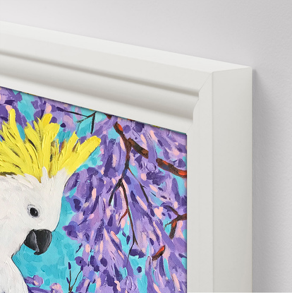 Sulfur-crested cockatoo on a blossoming Jacaranda  tree. The original acrylic painting by Irina Redine. Framed and ready to hang original painting.