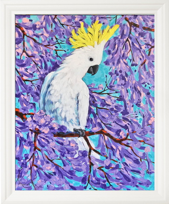 Sulfur-crested cockatoo on a blossoming Jacaranda  tree. The original acrylic painting by Irina Redine. Framed and ready to hang original painting.