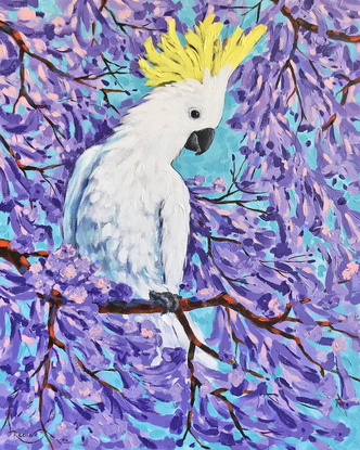 Sulfur-crested cockatoo on a blossoming Jacaranda  tree. The original acrylic painting by Irina Redine. Framed and ready to hang original painting.