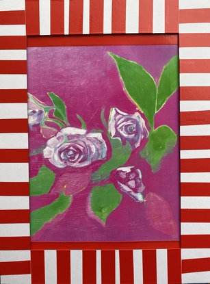 Pink roses and green leaves on a pink background