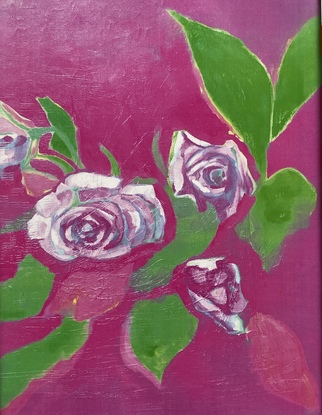 Pink roses and green leaves on a pink background