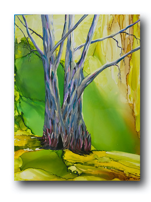 This lux landscape painting  of an Australian Tree on a rolling hillside.represents the artist's perspective of a beautiful mature tree on a lush hillside.  The painting is soft.  It is  an abstract expressionism style. It has a very contemporary smooth high end  finish with exposed timber sides. Painted in acrylics and inks