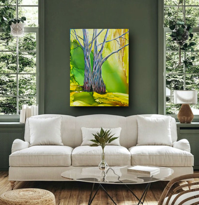 This lux landscape painting  of an Australian Tree on a rolling hillside.represents the artist's perspective of a beautiful mature tree on a lush hillside.  The painting is soft.  It is  an abstract expressionism style. It has a very contemporary smooth high end  finish with exposed timber sides. Painted in acrylics and inks