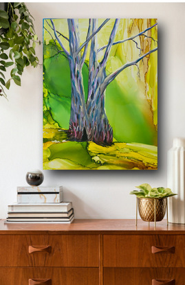 This lux landscape painting  of an Australian Tree on a rolling hillside.represents the artist's perspective of a beautiful mature tree on a lush hillside.  The painting is soft.  It is  an abstract expressionism style. It has a very contemporary smooth high end  finish with exposed timber sides. Painted in acrylics and inks