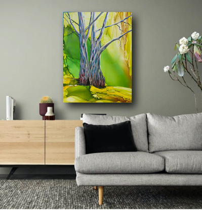 This lux landscape painting  of an Australian Tree on a rolling hillside.represents the artist's perspective of a beautiful mature tree on a lush hillside.  The painting is soft.  It is  an abstract expressionism style. It has a very contemporary smooth high end  finish with exposed timber sides. Painted in acrylics and inks