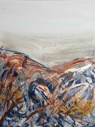 A large abstract landscape of the Snowy mountains region in mixed media.