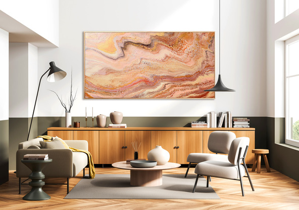 ABSTRACT painting that gives the impression of land form in outback Australia and along the coastline.  The intricate mosaic pattern within the tonal hues . An inlay of  glimmering metallics adds added interest and intrigue the close one gets to the painting. The metallics also add an extra depth because how the painting changes personality when one views from different angles and different light.