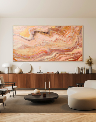 ABSTRACT painting that gives the impression of land form in outback Australia and along the coastline.  The intricate mosaic pattern within the tonal hues . An inlay of  glimmering metallics adds added interest and intrigue the close one gets to the painting. The metallics also add an extra depth because how the painting changes personality when one views from different angles and different light.