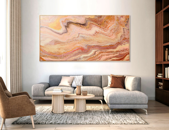 ABSTRACT painting that gives the impression of land form in outback Australia and along the coastline.  The intricate mosaic pattern within the tonal hues . An inlay of  glimmering metallics adds added interest and intrigue the close one gets to the painting. The metallics also add an extra depth because how the painting changes personality when one views from different angles and different light.