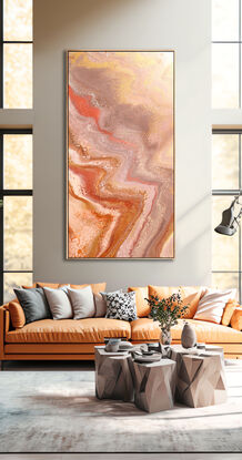 ABSTRACT painting that gives the impression of land form in outback Australia and along the coastline.  The intricate mosaic pattern within the tonal hues . An inlay of  glimmering metallics adds added interest and intrigue the close one gets to the painting. The metallics also add an extra depth because how the painting changes personality when one views from different angles and different light. Glows on the wall.