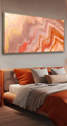 ABSTRACT painting that gives the impression of land form in outback Australia and along the coastline.  The intricate mosaic pattern within the tonal hues . An inlay of  glimmering metallics adds added interest and intrigue the close one gets to the painting. The metallics also add an extra depth because how the painting changes personality when one views from different angles and different light. Glows on the wall.