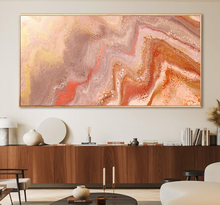 ABSTRACT painting that gives the impression of land form in outback Australia and along the coastline.  The intricate mosaic pattern within the tonal hues . An inlay of  glimmering metallics adds added interest and intrigue the close one gets to the painting. The metallics also add an extra depth because how the painting changes personality when one views from different angles and different light. Glows on the wall.