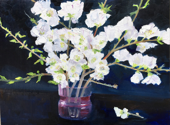 The painting’s dark background shows off the blossoms. The single stem on the table is a horizontal touch to offset the vertical flower stems.