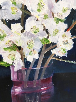 The painting’s dark background shows off the blossoms. The single stem on the table is a horizontal touch to offset the vertical flower stems.