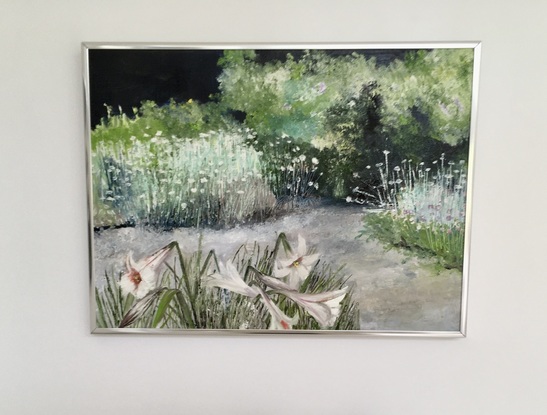 The painting’s foreground of lilies are offset by the gravel path 
leading into the dark distance gardens.
