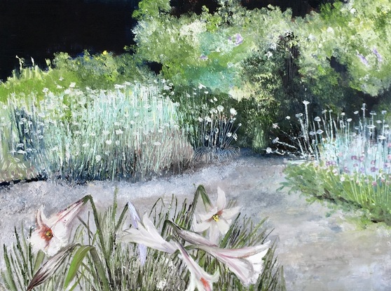 The painting’s foreground of lilies are offset by the gravel path 
leading into the dark distance gardens.
