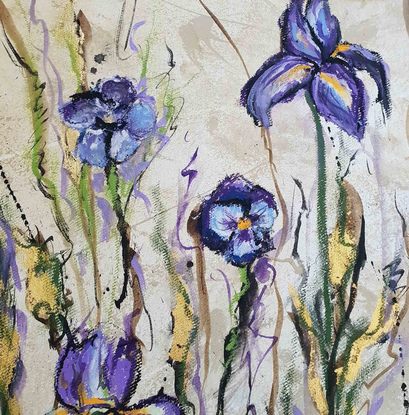 An painting of iris and violets in purple, violet, pinks with metallic gold leaf