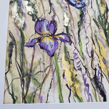 An painting of iris and violets in purple, violet, pinks with metallic gold leaf