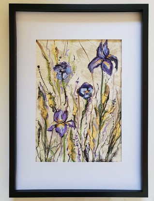 An painting of iris and violets in purple, violet, pinks with metallic gold leaf