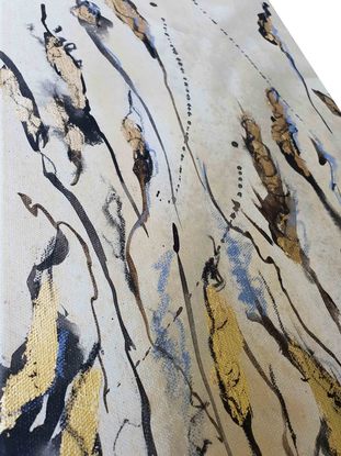 A large abstract painting of the Australian indigenous plants and wild grass in beige, brown, gold and white.