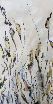 A large abstract painting of the Australian indigenous plants and wild grass in beige, brown, gold and white.