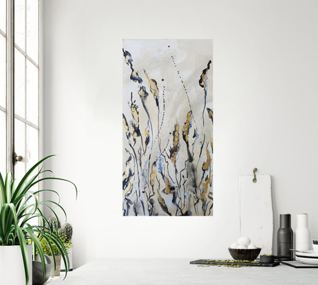 A large abstract painting of the Australian indigenous plants and wild grass in beige, brown, gold and white.