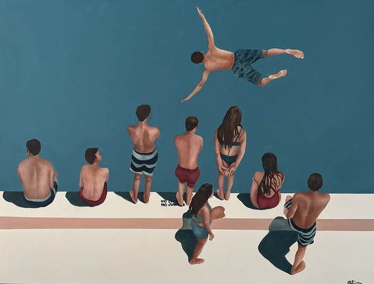 People on a bridge watching as man dives into blue water.