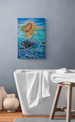 mermaid flowing long hair, mermaid sitting on a rock above the ocean water,  ocean with sparkling water,