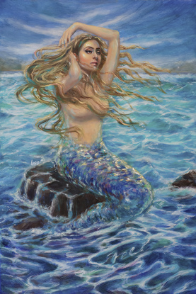 mermaid flowing long hair, mermaid sitting on a rock above the ocean water,  ocean with sparkling water,