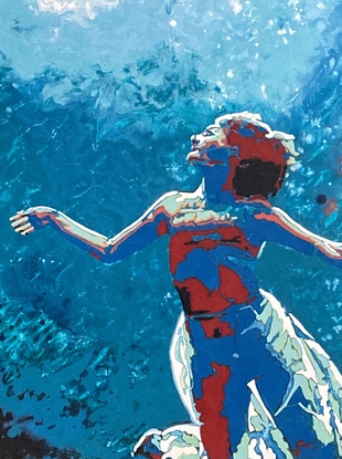 Woman underwater in dress with uplifted face swimming towards surface of water.