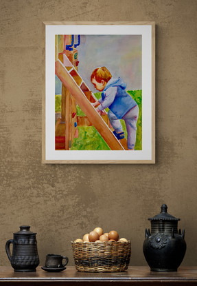 Child climbs into wooden play set.