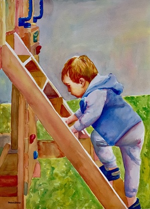 Child climbs into wooden play set.