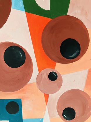 Abstract shapes of mostly earthy red cirles wiht black circle inside, triangles, half circles and rectangles of different sizes connected by clearly defined sections. Backgroud colours include light and dark oranges and vanilla cream. There is also come turquise. 