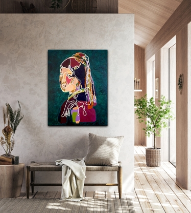 Titled: "Not" Girl With Pearl Earring // Famous Reinventions 002
Size:  60 x 75cm 
Support : stretched Canvas
technique:  Acrylic and oil pastel
Year: 2023