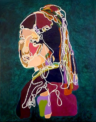 Titled: "Not" Girl With Pearl Earring // Famous Reinventions 002
Size:  60 x 75cm 
Support : stretched Canvas
technique:  Acrylic and oil pastel
Year: 2023